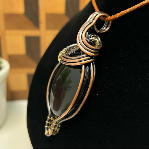 Davis creek rainbow obsidian ~ Handmade Recycled Copper wire wrapped pendant. - Picture 3 of 4